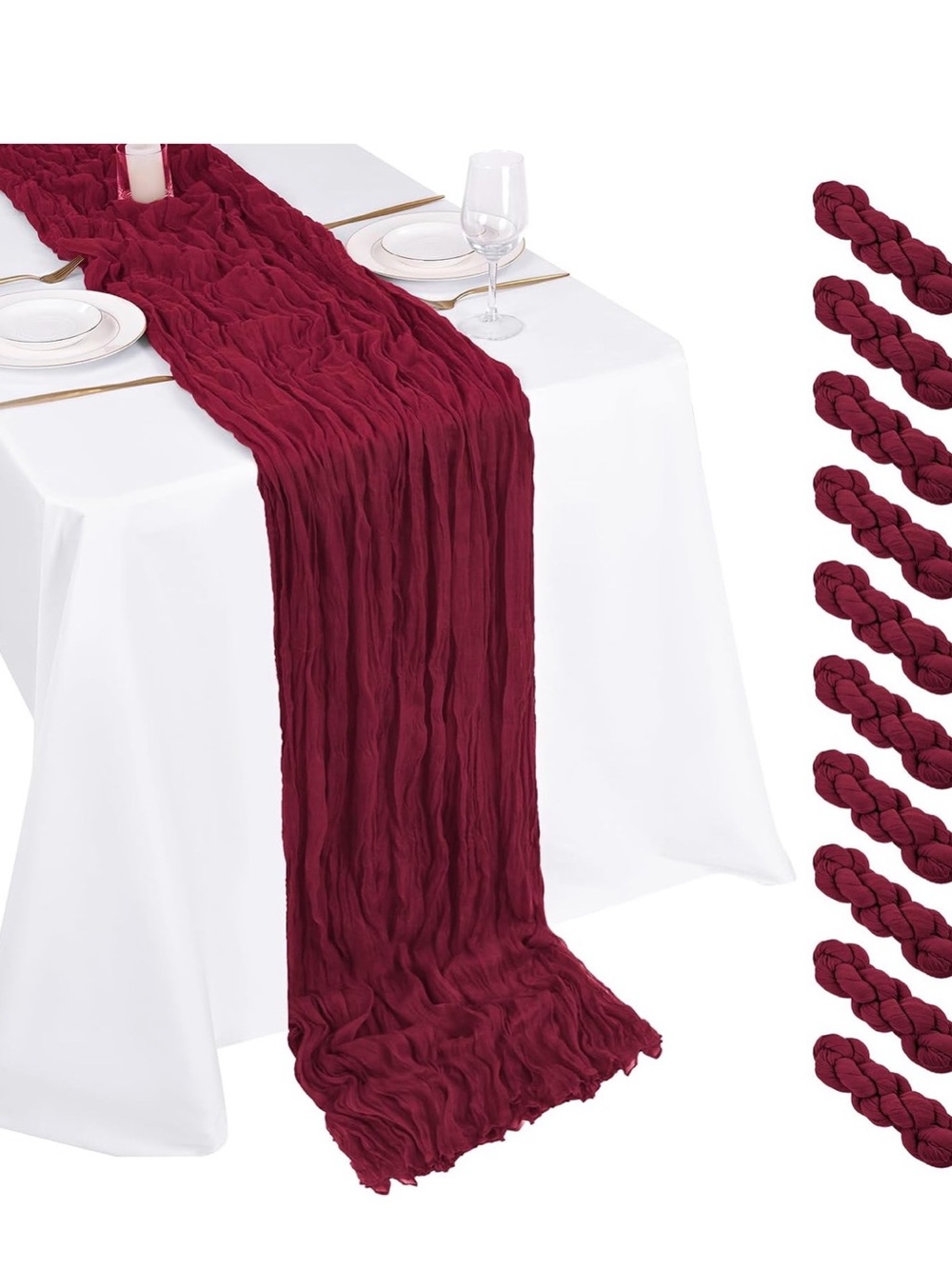 Set of 10 Burgundy Crinkle Table Runners - Cheesecloth Runners